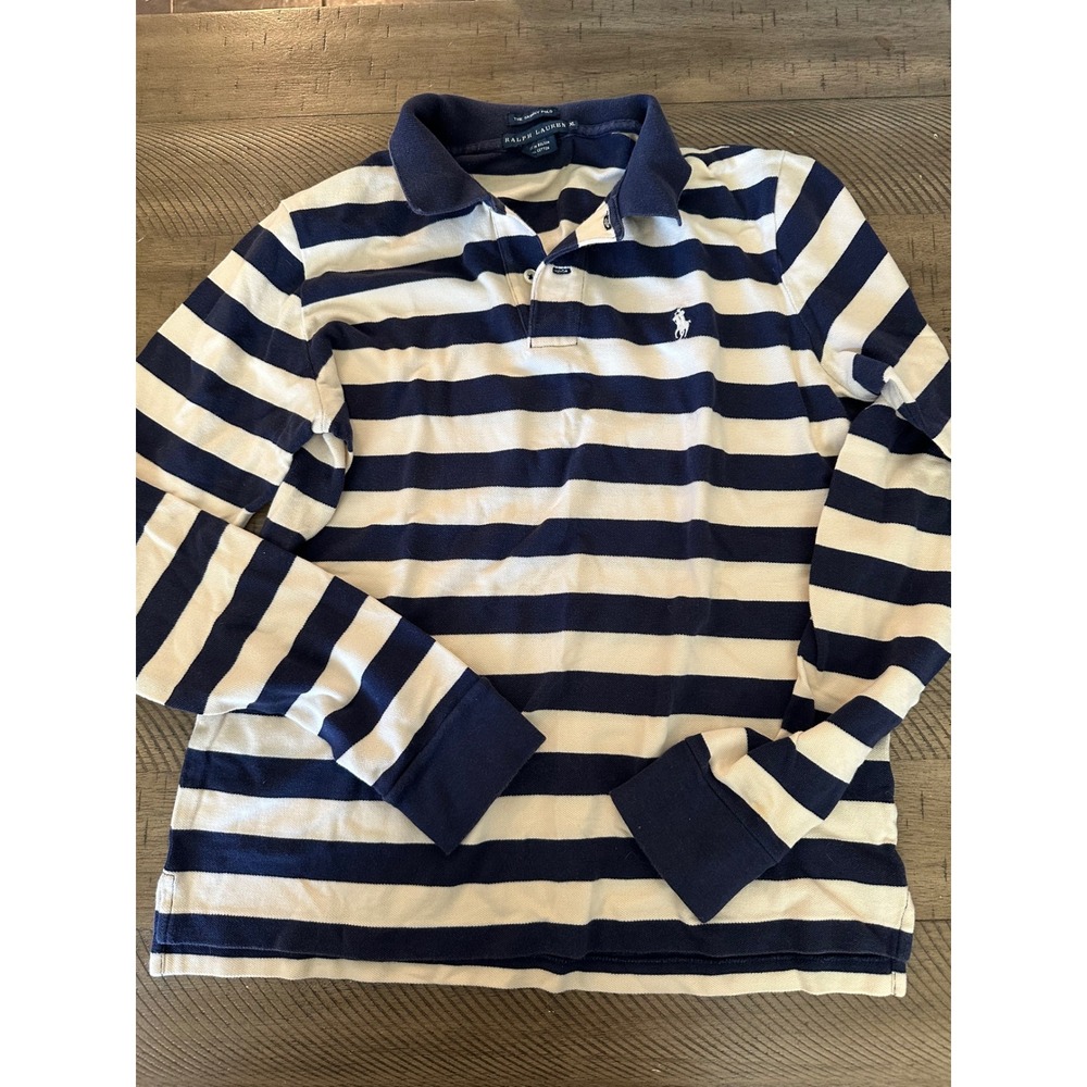 Ralph Lauren Skinny Polo Long Sleeve Shirt Navy White Stripe Size M